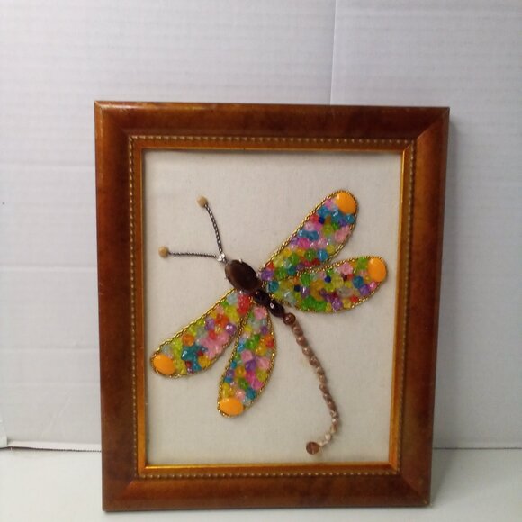Handmade Dragonfly Beaded Artwork Stones Mixed Media Canvas Framed Decor 12 x 10 - Picture 12 of 15